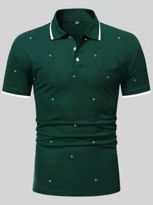 Manfinity Homme 男士字母圖案拼接邊POLO衫 - 墨綠色 - 查看 3