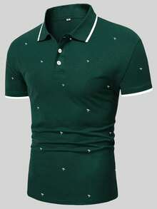 Manfinity Homme 男士字母圖案拼接邊POLO衫 - 墨綠色 - 查看 4