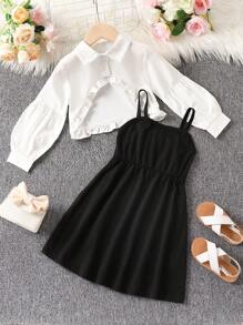 SHEIN Verano 2 piezas/set vestido tipo pareo para niñas pequeñas con tirantes finos + ropa de protección solar - Blanco y Negro - Ver 1