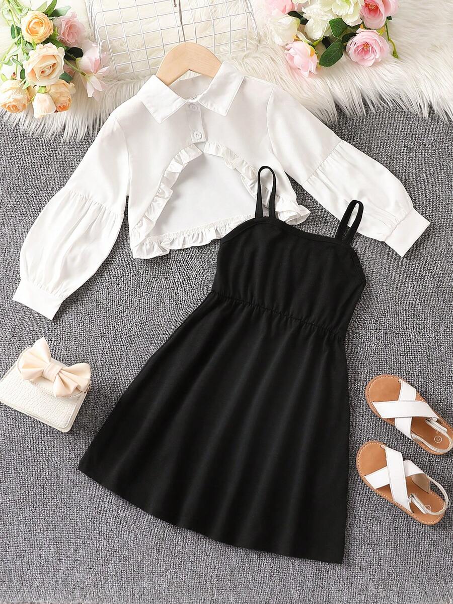 SHEIN Verano 2 piezas/set vestido tipo pareo para niñas pequeñas con tirantes finos + ropa de protección solar - Blanco y Negro - Ver 1