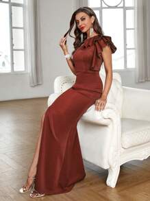 SHEIN Belle 單肩荷葉邊高衩伴娘洋裝 - 棕色 - 查看 4