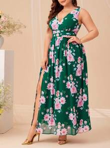 SHEIN Belle 大碼印花高衩連衣裙 - 彩色 - 查看 4