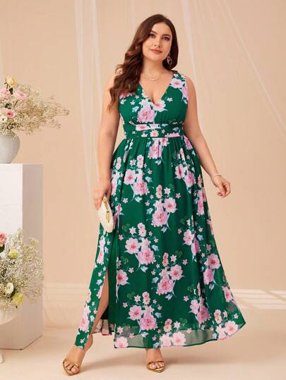 SHEIN Belle 大碼印花高衩連衣裙