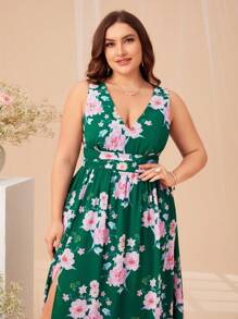 SHEIN Belle 大碼印花高衩連衣裙 - 彩色 - 查看 5