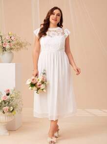 SHEIN Belle Plus Contrast Lace Butterfly Sleeve Dress - White - View 1