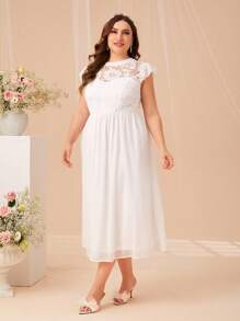 SHEIN Belle Plus Contrast Lace Butterfly Sleeve Dress - White - View 3