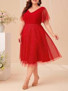 SHEIN Belle Vestido de malla en contraste de manga mariposa - Rojo - Ver 4