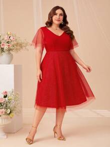 SHEIN Belle Vestido de malla en contraste de manga mariposa - Rojo - Ver 5