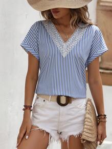 Breezaya Damskie Bluzki Sznurówka kontrastująca W Paski Casual