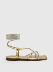 Styleloop Dam strass inredning string sandaler, glamorösa sommar platta sandaler - Guld - Visa 3