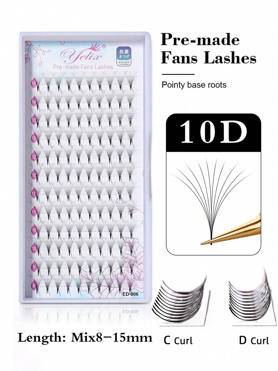 10D Premade Fans Eyelash Cluster Pointy Base Fan Lash 120 Fans 8-15mm Mixed Length - Black - View 1