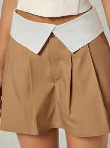 SHEIN Unity Tương phản Gập eo Chân Váy xếp ly - Màu Khaki - Xem 7