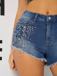 毛邊水鑽牛仔短褲 - 深色水洗藍 - 查看 4