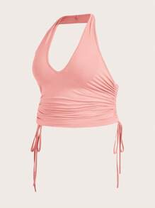 SHEIN EZwear Áo hai dây Plus Size Lộ Lưng Dây kéo Xù màu trơn Giải trí - Màu Hồng  San hô - Xem 1