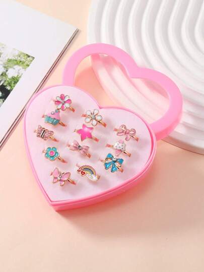 12pcs Girls Star & Flower Decor Ring For Daily Decoration