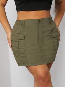 Plus Cargo Flap Pocket Mini Skirt - Army Green - View 1