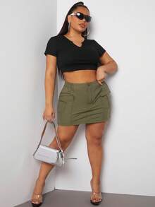 Plus Cargo Flap Pocket Mini Skirt - Army Green - View 3