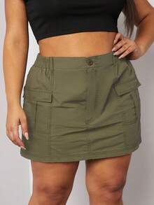 Plus Cargo Flap Pocket Mini Skirt - Army Green - View 4