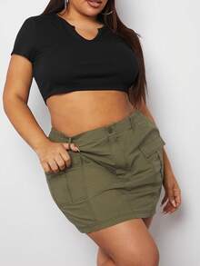 Plus Cargo Flap Pocket Mini Skirt - Army Green - View 5