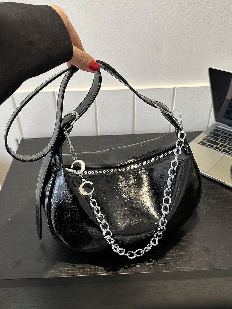 Hobo Tasche Kette Dekor, großer Kapazität, Schwarz - Schwarz - Übersicht 1