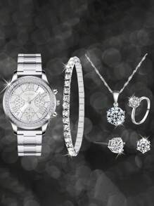1pc Rhinestone Decor Quartz Watch & 5pcs Jewelry Set - Silver - View 1