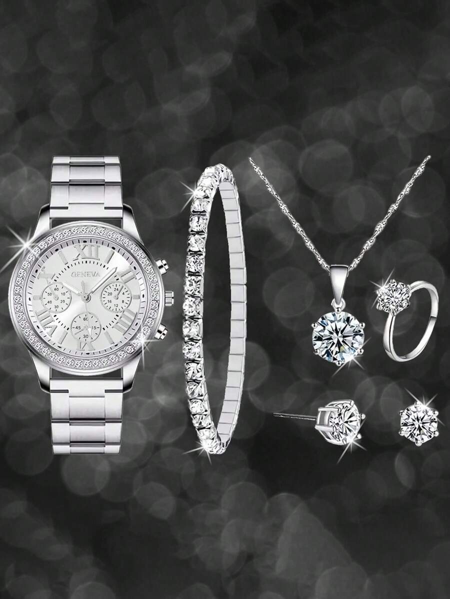 1pc Rhinestone Decor Quartz Watch & 5pcs Jewelry Set - Silver - View 1