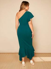 SHEIN Belle Plus One Shoulder Asymmetrical Ruffle Hem Bridesmaid Dress - Dark Green - View 4