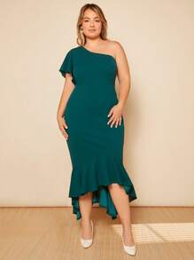 SHEIN Belle Plus One Shoulder Asymmetrical Ruffle Hem Bridesmaid Dress - Dark Green - View 5