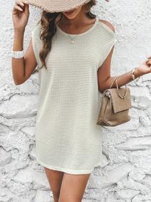 SHEIN Essnce 素色華夫格編織肩部挖空T恤連衣裙 - 米色 - 查看 4