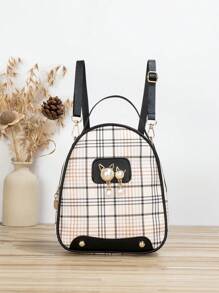 Họa tiết kẻ sọc Trang trí ngọc trai giả Ba lô cổ điển Dây kéo nhỏ - màu đen - Xem 1