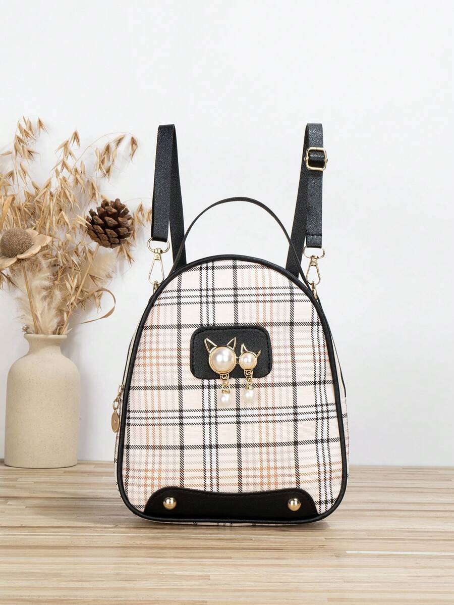 Họa tiết kẻ sọc Trang trí ngọc trai giả Ba lô cổ điển Dây kéo nhỏ - màu đen - Xem 1