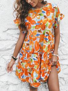 SHEIN VCAY Vestido smock con estampado floral de manga con volante bajo con fruncido - Naranja - Ver 3
