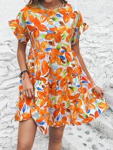 SHEIN VCAY Vestido smock con estampado floral de manga con volante bajo con fruncido - Naranja - Ver 4