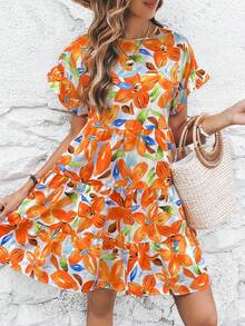 SHEIN VCAY Vestido smock con estampado floral de manga con volante bajo con fruncido - Naranja - Ver 5