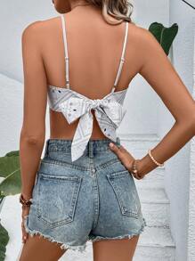 SHEIN VCAY Áo khoác và áo lót dành cho xe tăng nữ Lộ Lưng Buộc lại Bất đối xứng Paisley Boho - trắng - Xem 2