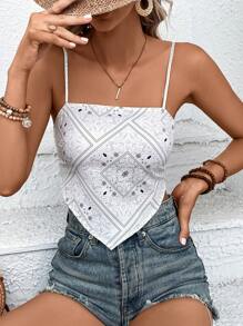 SHEIN VCAY Áo khoác và áo lót dành cho xe tăng nữ Lộ Lưng Buộc lại Bất đối xứng Paisley Boho - trắng - Xem 5
