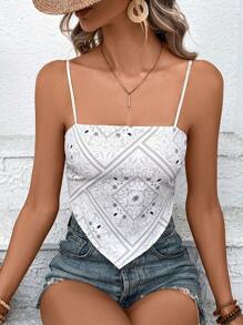 SHEIN VCAY Áo khoác và áo lót dành cho xe tăng nữ Lộ Lưng Buộc lại Bất đối xứng Paisley Boho - trắng - Xem 6