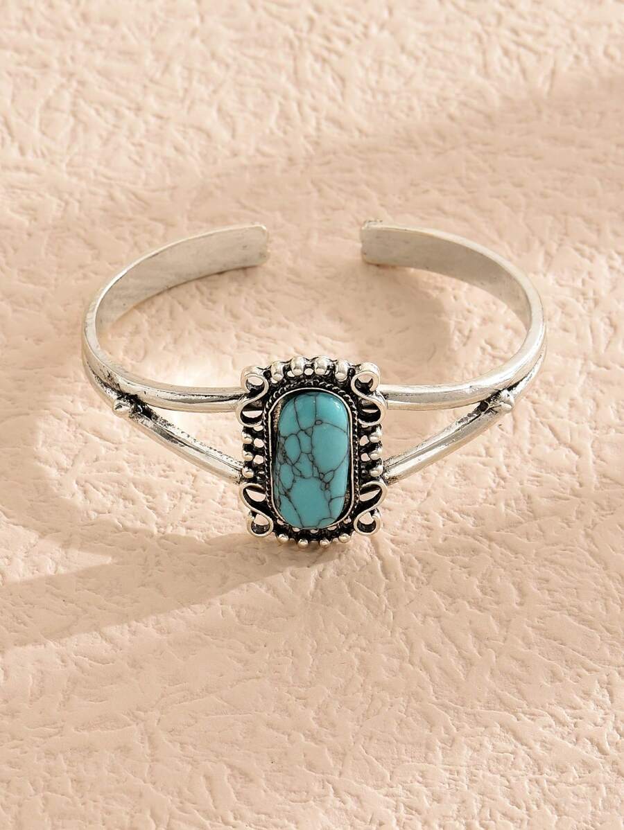 綠松石裝飾開口手鐲 - 銀色 - 查看 1