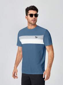 Manfinity VCAY Men Cotton Horse Print Colourblock Tee - Dusty Blue - View 1