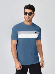 Manfinity VCAY Men Cotton Horse Print Colourblock Tee - Dusty Blue - View 6