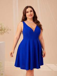 SHEIN Clasi Plus Solid Mesh Insert Dress - Royal Blue - View 2