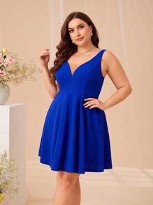 SHEIN Clasi Plus Solid Mesh Insert Dress - Royal Blue - View 4