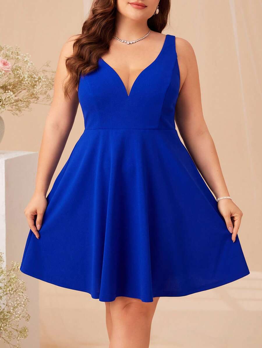 SHEIN Clasi Plus Solid Mesh Insert Dress - Royal Blue - View 1