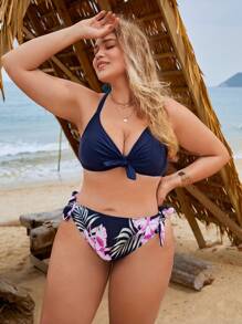 SHEIN Swim Curve Plus Size Tropical Print Knot Front Halter Bikini Set Summer Beach - Navy Blue - View 1