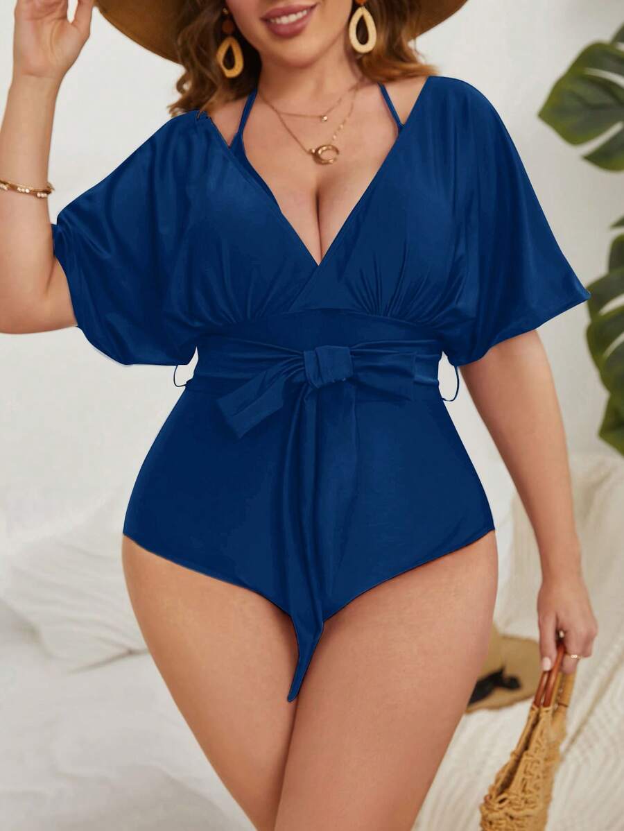 SHEIN Swim Bañador una pieza unicolor con cinturón - Azul - Ver 1
