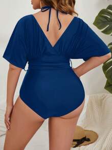 SHEIN Swim Bañador una pieza unicolor con cinturón - Azul - Ver 2