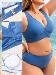 SHEIN Swim Curve Plus Size Solid High Waisted Bikini Set Summer Beach - Dusty Blue - View 5