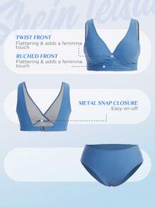 SHEIN Swim Curve Plus Size Solid High Waisted Bikini Set Summer Beach - Dusty Blue - View 1