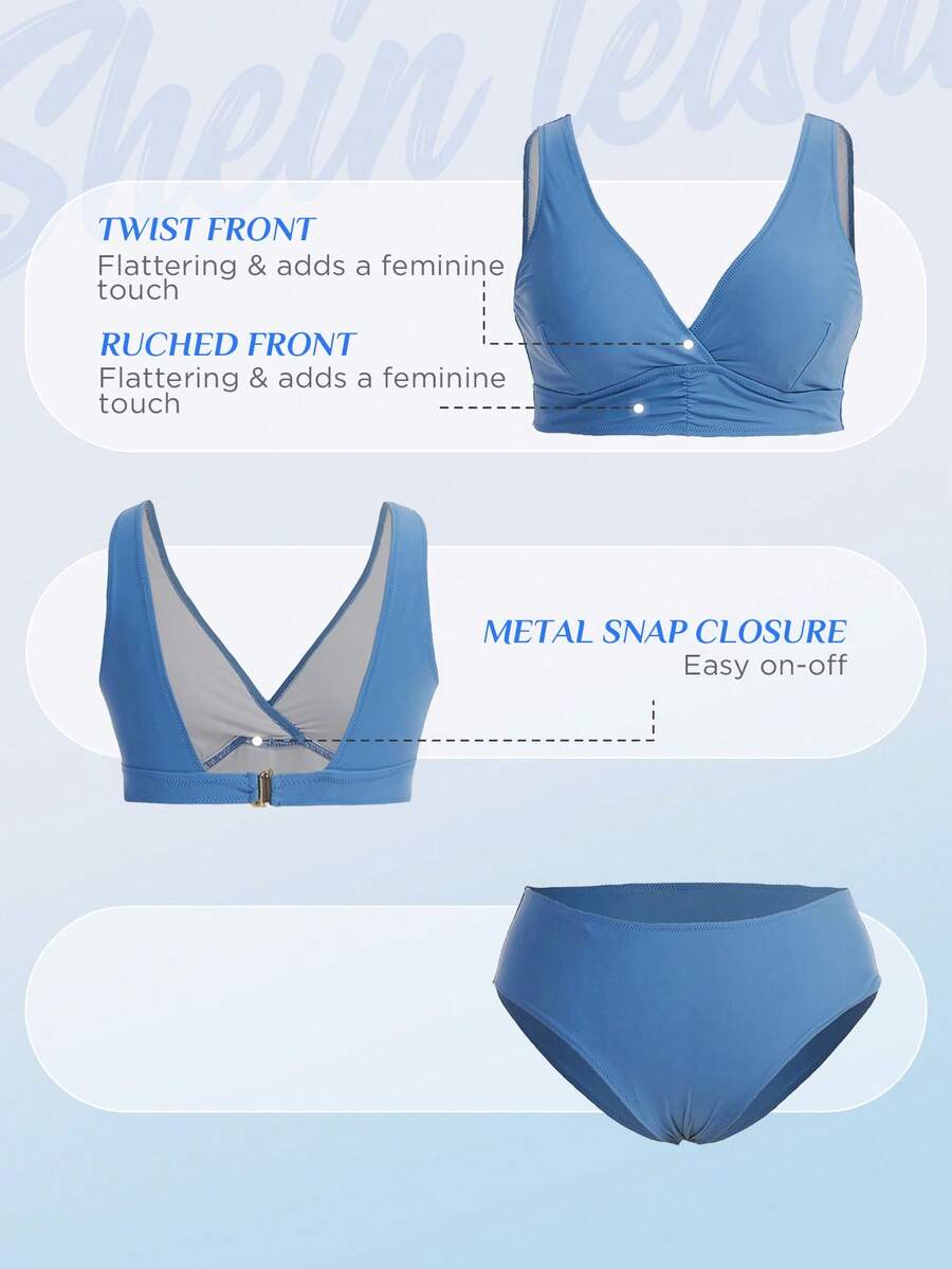 SHEIN Swim Curve Plus Size Solid High Waisted Bikini Set Summer Beach - Dusty Blue - View 1