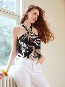 MOTF PREMIUM LINEN VISCOSE ANIMAL HALTER BLOUSE
